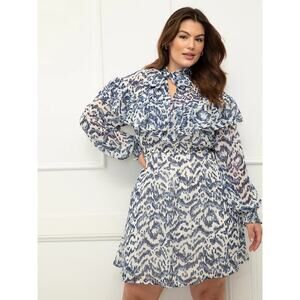 Eloquii Chiffon Tie Neck Long Sleeve Fit & Flare Dress Plus Size 20 Blue White